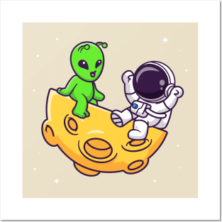 Cute Astronaut Playing With Alien On Moon Cartoon Posters and Art